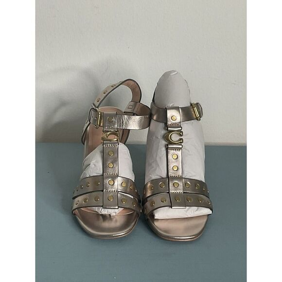 COACH Margaret Leather Strappy Studded Sandal Block Heel Sports Champagne 7 (B) - Picture 5 of 8